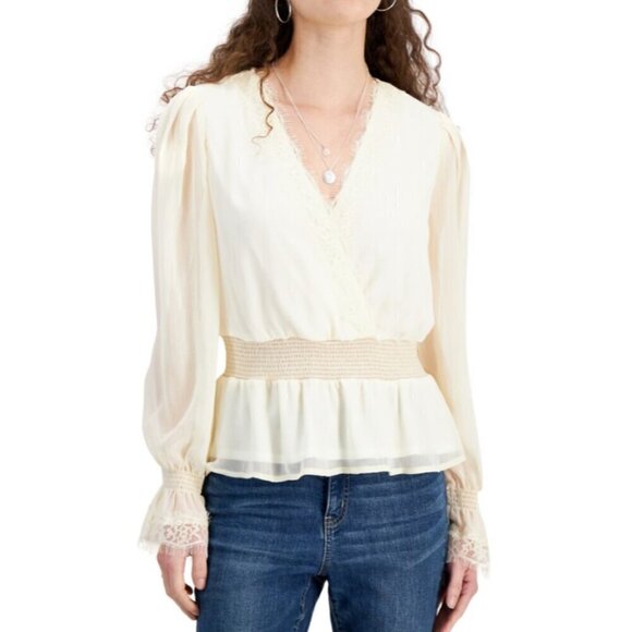 Self Love Juniors' Size Small Ivory Lace-Trim Bell-Sleeve Peasant Top NWT - Picture 1 of 3